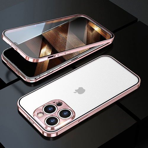 Luxury Aluminum Metal Frame Mirror Cover Case 360 Degrees M01 for Apple iPhone 14 Pro Max Rose Gold