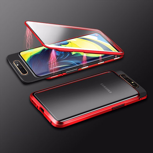 Luxury Aluminum Metal Frame Mirror Cover Case 360 Degrees M01 for Samsung Galaxy A80 Red