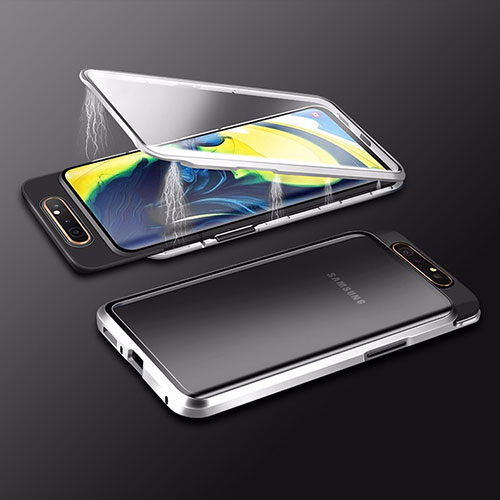 Luxury Aluminum Metal Frame Mirror Cover Case 360 Degrees M01 for Samsung Galaxy A80 Silver