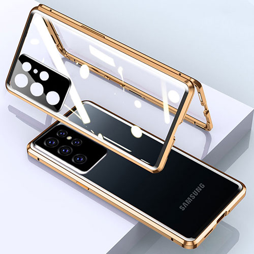 Luxury Aluminum Metal Frame Mirror Cover Case 360 Degrees M01 for Samsung Galaxy S21 Ultra 5G Gold