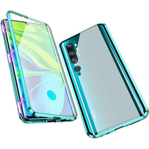 Luxury Aluminum Metal Frame Mirror Cover Case 360 Degrees M01 for Xiaomi Mi Note 10 Cyan