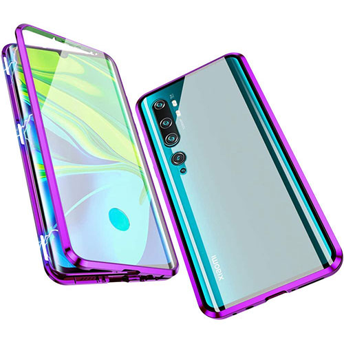 Luxury Aluminum Metal Frame Mirror Cover Case 360 Degrees M01 for Xiaomi Mi Note 10 Pro Purple