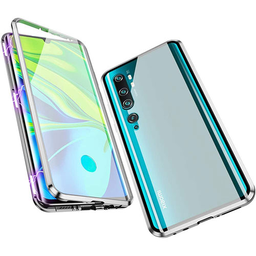 Luxury Aluminum Metal Frame Mirror Cover Case 360 Degrees M01 for Xiaomi Mi Note 10 Pro Silver