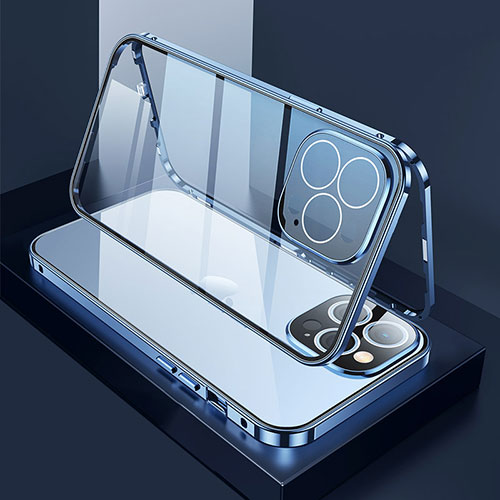Luxury Aluminum Metal Frame Mirror Cover Case 360 Degrees M02 for Apple iPhone 14 Pro Blue