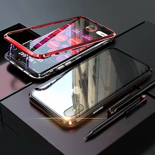 Luxury Aluminum Metal Frame Mirror Cover Case 360 Degrees M02 for Apple iPhone Xs Red and Black