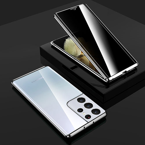 Luxury Aluminum Metal Frame Mirror Cover Case 360 Degrees M02 for Samsung Galaxy S23 Ultra 5G Silver