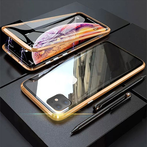 Luxury Aluminum Metal Frame Mirror Cover Case 360 Degrees M03 for Apple iPhone 11 Gold
