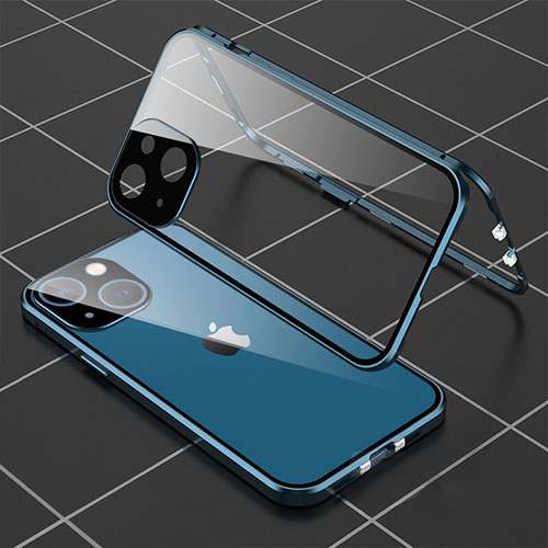 Luxury Aluminum Metal Frame Mirror Cover Case 360 Degrees M04 for Apple iPhone 13 Mini Blue