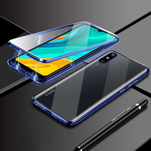 Luxury Aluminum Metal Frame Mirror Cover Case 360 Degrees M04 for Huawei Enjoy 10e Blue