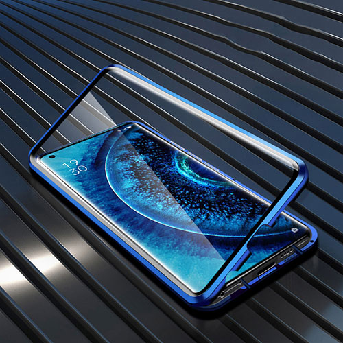 Luxury Aluminum Metal Frame Mirror Cover Case 360 Degrees M04 for Oppo Find X2 Blue