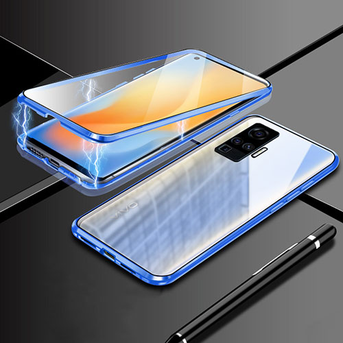 Luxury Aluminum Metal Frame Mirror Cover Case 360 Degrees M04 for Vivo X51 5G Blue