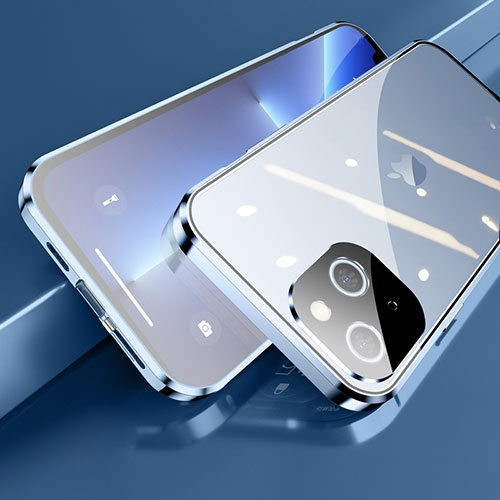 Luxury Aluminum Metal Frame Mirror Cover Case 360 Degrees M05 for Apple iPhone 13 Blue