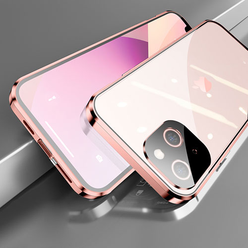 Luxury Aluminum Metal Frame Mirror Cover Case 360 Degrees M05 for Apple iPhone 14 Plus Rose Gold