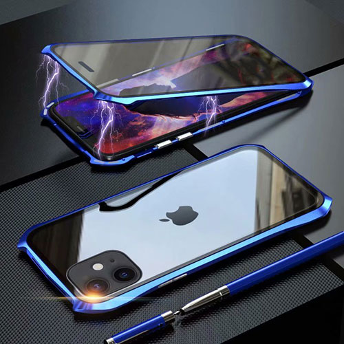 Luxury Aluminum Metal Frame Mirror Cover Case 360 Degrees M06 for Apple iPhone 11 Blue