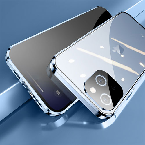 Luxury Aluminum Metal Frame Mirror Cover Case 360 Degrees M06 for Apple iPhone 13 Blue