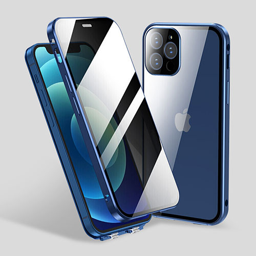 Luxury Aluminum Metal Frame Mirror Cover Case 360 Degrees M06 for Apple iPhone 13 Pro Blue