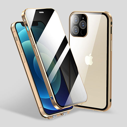 Luxury Aluminum Metal Frame Mirror Cover Case 360 Degrees M06 for Apple iPhone 13 Pro Max Gold
