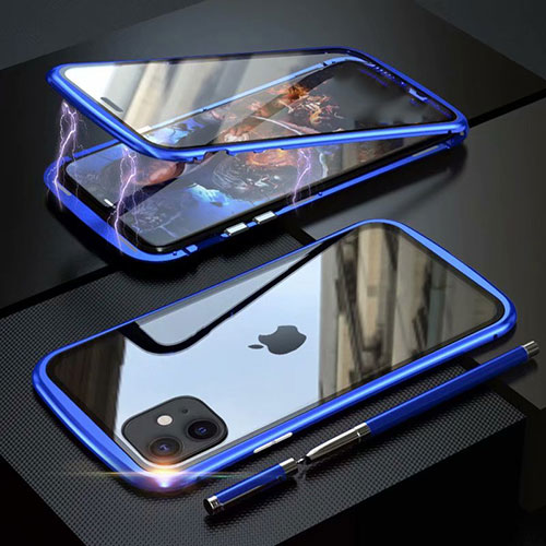 Luxury Aluminum Metal Frame Mirror Cover Case 360 Degrees M07 for Apple iPhone 11 Blue