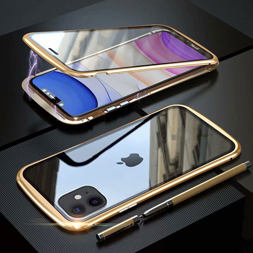 Luxury Aluminum Metal Frame Mirror Cover Case 360 Degrees M07 for Apple iPhone 11 Gold