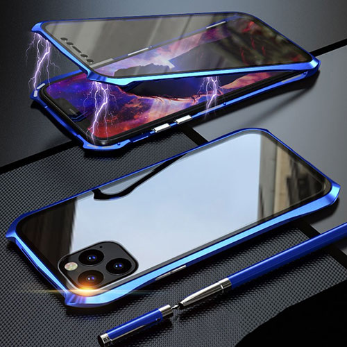 Luxury Aluminum Metal Frame Mirror Cover Case 360 Degrees M07 for Apple iPhone 11 Pro Blue