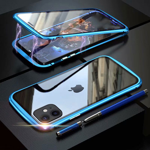 Luxury Aluminum Metal Frame Mirror Cover Case 360 Degrees M07 for Apple iPhone 11 Sky Blue