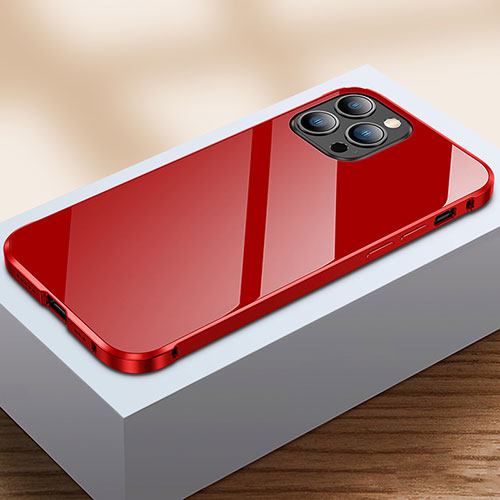 Luxury Aluminum Metal Frame Mirror Cover Case 360 Degrees M07 for Apple iPhone 13 Pro Max Red