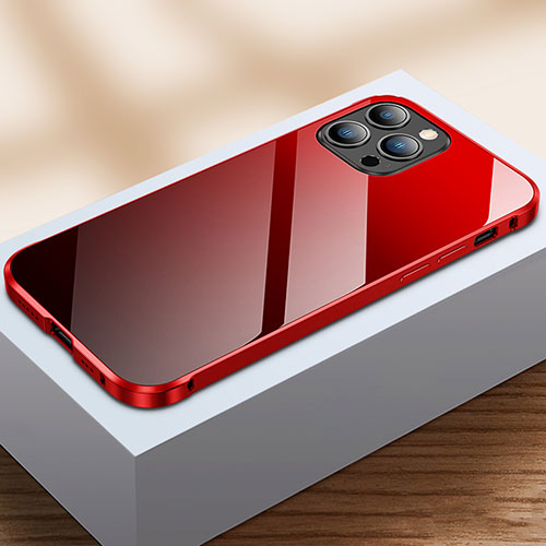 Luxury Aluminum Metal Frame Mirror Cover Case 360 Degrees M07 for Apple iPhone 13 Pro Max Red and Black