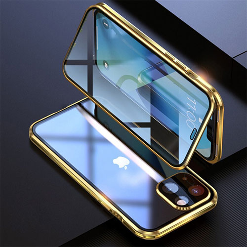 Luxury Aluminum Metal Frame Mirror Cover Case 360 Degrees M08 for Apple iPhone 13 Mini Gold