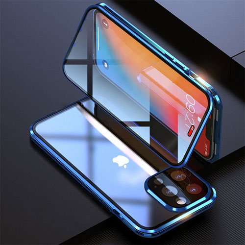 Luxury Aluminum Metal Frame Mirror Cover Case 360 Degrees M08 for Apple iPhone 13 Pro Blue