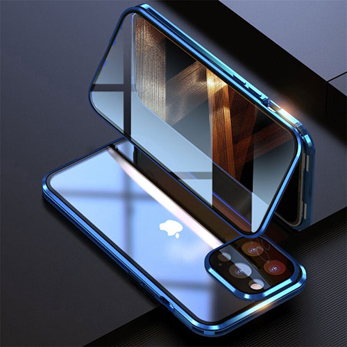 Luxury Aluminum Metal Frame Mirror Cover Case 360 Degrees M08 for Apple iPhone 14 Pro Blue