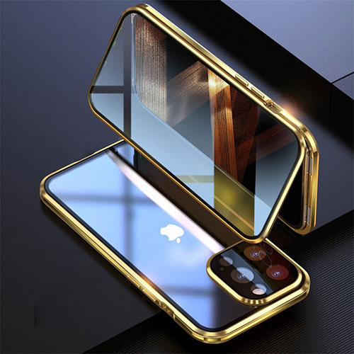 Luxury Aluminum Metal Frame Mirror Cover Case 360 Degrees M08 for Apple iPhone 14 Pro Max Gold