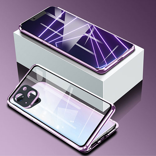 Luxury Aluminum Metal Frame Mirror Cover Case 360 Degrees M09 for Apple iPhone 14 Plus Purple