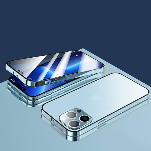 Luxury Aluminum Metal Frame Mirror Cover Case 360 Degrees M10 for Apple iPhone 13 Pro Blue