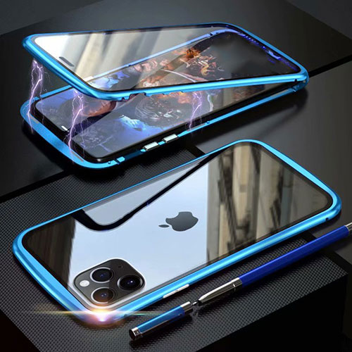 Luxury Aluminum Metal Frame Mirror Cover Case 360 Degrees M11 for Apple iPhone 11 Pro Max Sky Blue
