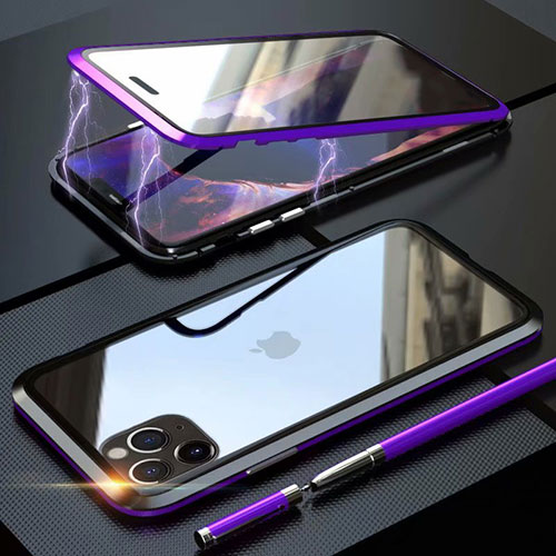 Luxury Aluminum Metal Frame Mirror Cover Case 360 Degrees M12 for Apple iPhone 11 Pro Purple