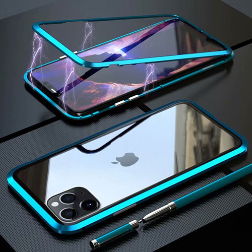 Luxury Aluminum Metal Frame Mirror Cover Case 360 Degrees M14 for Apple iPhone 11 Pro Max Cyan