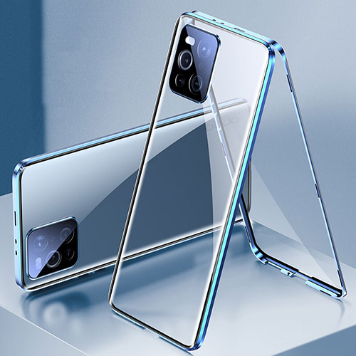 Luxury Aluminum Metal Frame Mirror Cover Case 360 Degrees P01 for Oppo Find X3 5G Blue