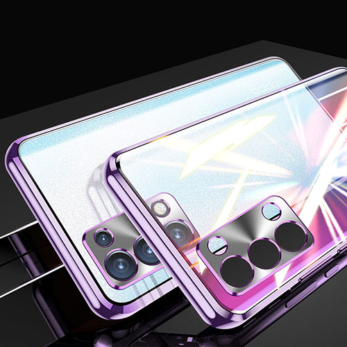 Luxury Aluminum Metal Frame Mirror Cover Case 360 Degrees P01 for Oppo Reno6 Pro 5G Purple