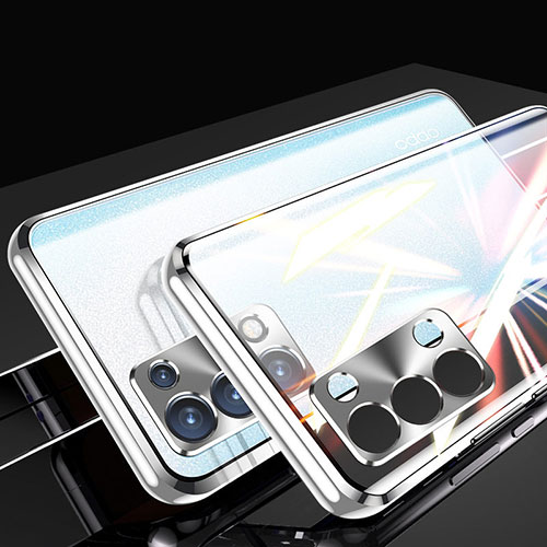 Luxury Aluminum Metal Frame Mirror Cover Case 360 Degrees P01 for Oppo Reno6 Pro 5G Silver