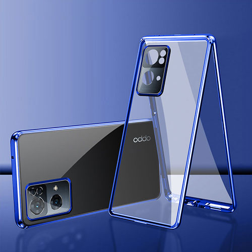 Luxury Aluminum Metal Frame Mirror Cover Case 360 Degrees P01 for Oppo Reno7 Pro 5G Blue