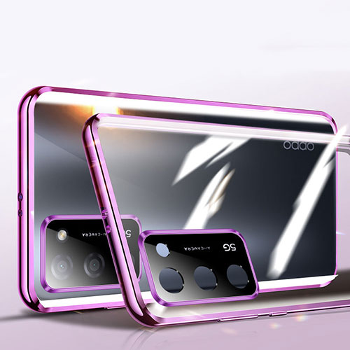 Luxury Aluminum Metal Frame Mirror Cover Case 360 Degrees P02 for Oppo A55S 5G Purple