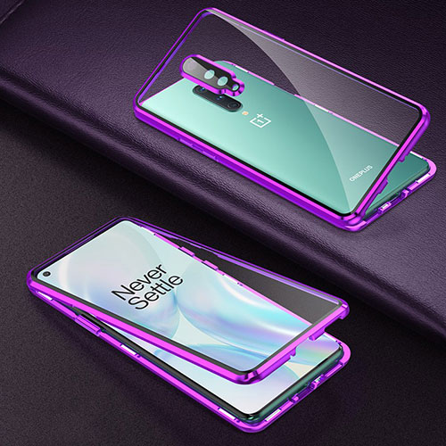 Luxury Aluminum Metal Frame Mirror Cover Case 360 Degrees T01 for OnePlus 8 Purple