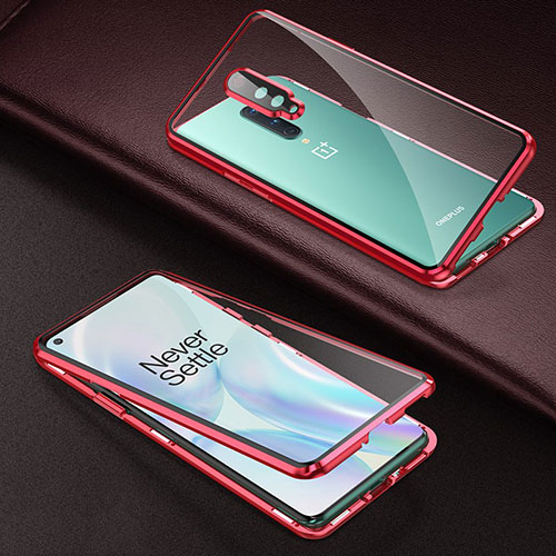 Luxury Aluminum Metal Frame Mirror Cover Case 360 Degrees T01 for OnePlus 8 Red