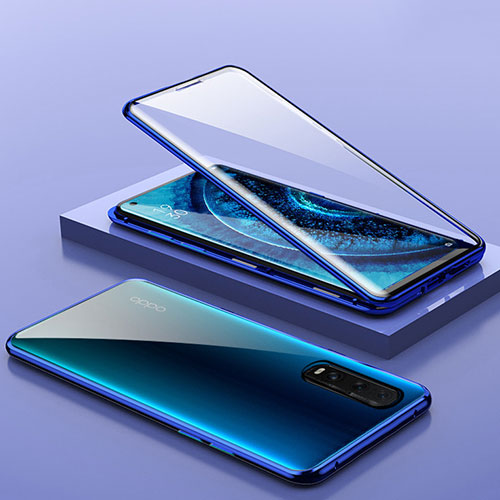 Luxury Aluminum Metal Frame Mirror Cover Case 360 Degrees T01 for Oppo Find X2 Blue