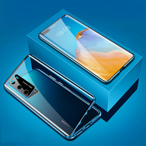 Luxury Aluminum Metal Frame Mirror Cover Case 360 Degrees T02 for Huawei P40 Blue