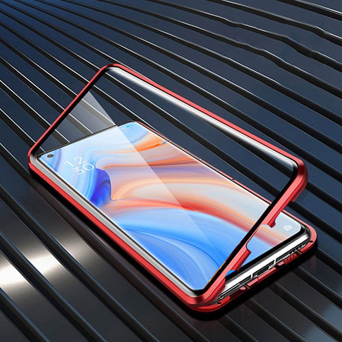 Luxury Aluminum Metal Frame Mirror Cover Case 360 Degrees T02 for Oppo Reno4 5G Red