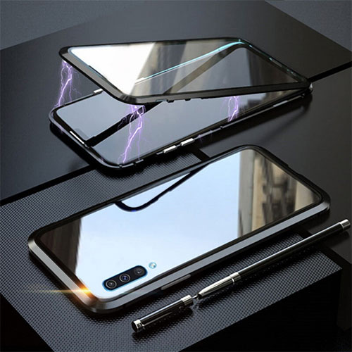 Luxury Aluminum Metal Frame Mirror Cover Case 360 Degrees T02 for Samsung Galaxy A70 Black