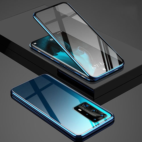 Luxury Aluminum Metal Frame Mirror Cover Case 360 Degrees T03 for Huawei P40 Pro+ Plus Blue
