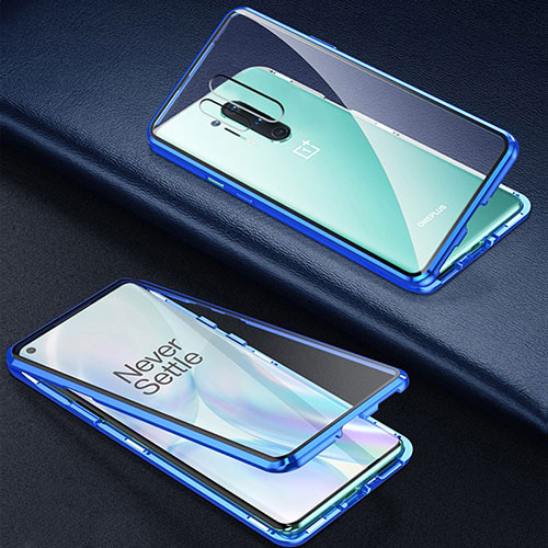 Luxury Aluminum Metal Frame Mirror Cover Case 360 Degrees T03 for OnePlus 8 Pro Blue