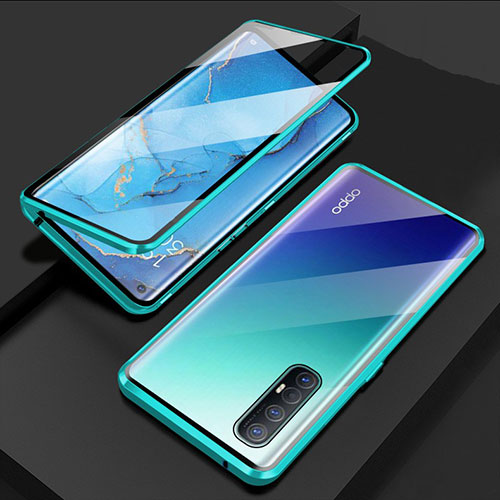 Luxury Aluminum Metal Frame Mirror Cover Case 360 Degrees T03 for Oppo Reno3 Pro Cyan
